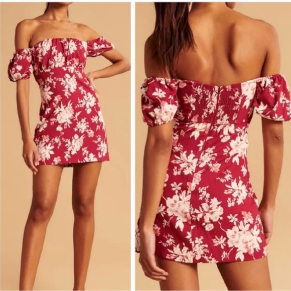 Abercrombie & Fitch Burgundy Floral Smocked Off Shoulder Mini Dress - Picture 2 of 8